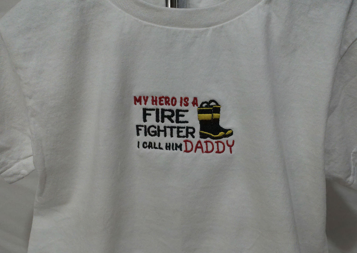 My Hero is a Firefighter Embroidered Toddler Kids Shirt. Child firefighter embroidered shirt.